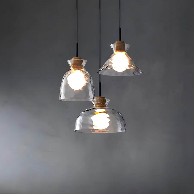 Modern Glass Pendant Light  Clear Dome Shades with Wood Accent - Product showcase
