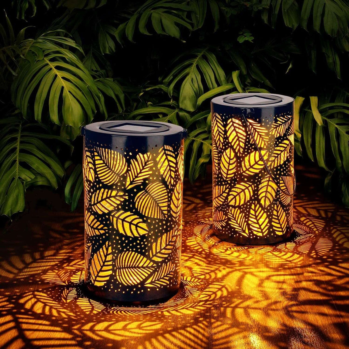 Solar Garden Lantern  Tropical Leaf Pattern - Detailed view