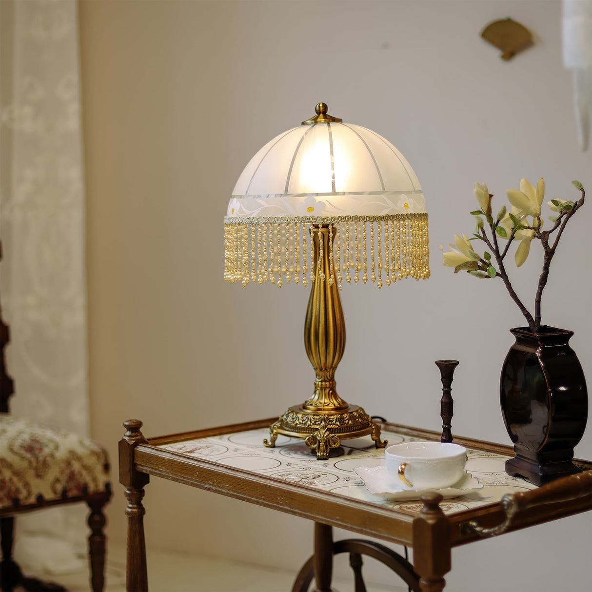 Victorian Table Lamp  Brass Base with Beaded Fringe Shade - Product detail 4