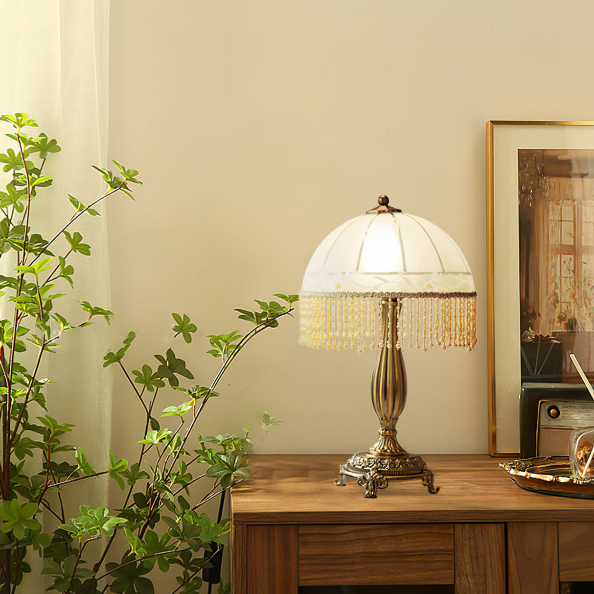 Victorian Table Lamp  Brass Base with Beaded Fringe Shade - Detailed view