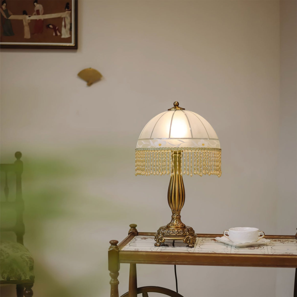 Victorian Table Lamp  Brass Base with Beaded Fringe Shade - Product detail 7