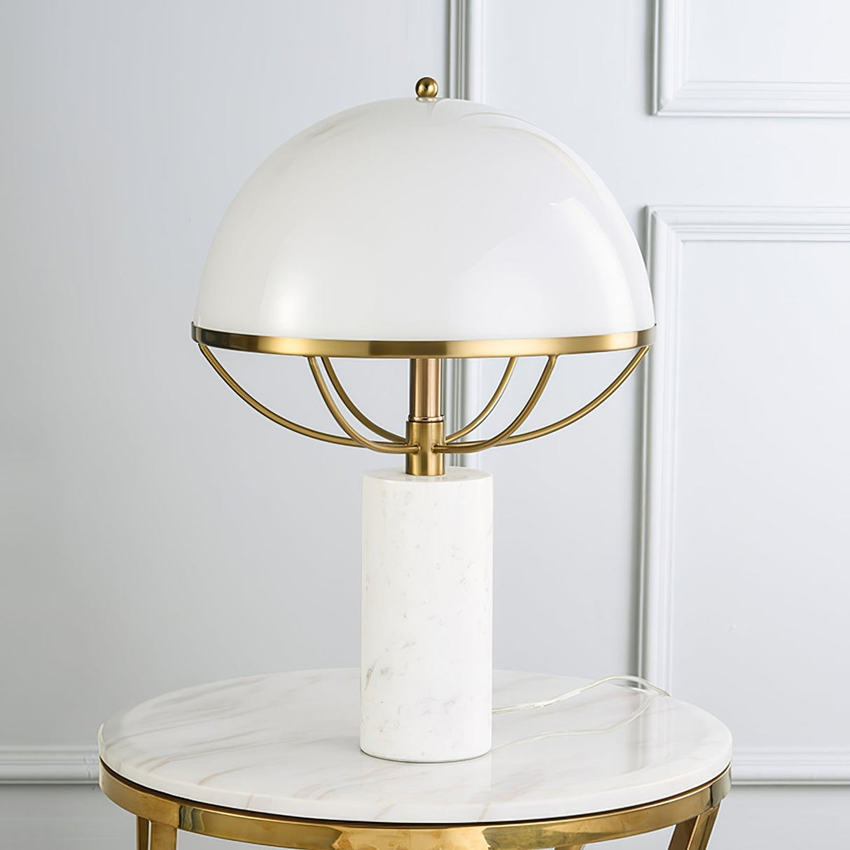 Modern Table Lamp  White Dome Shade with Marble Base - Detailed view