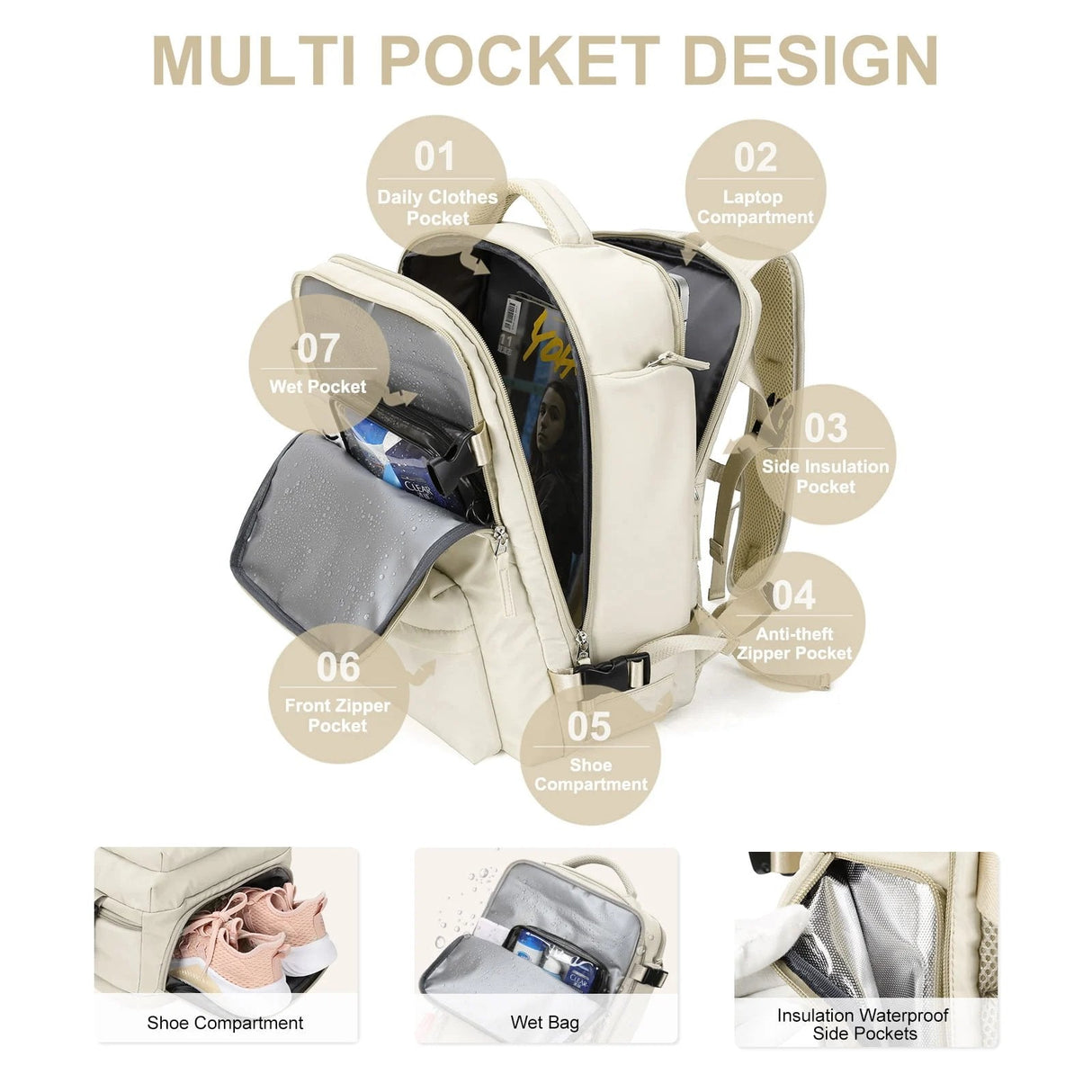 Womens Travel Backpack  35L Water-Repellent with USB Charging Port - Detailed view