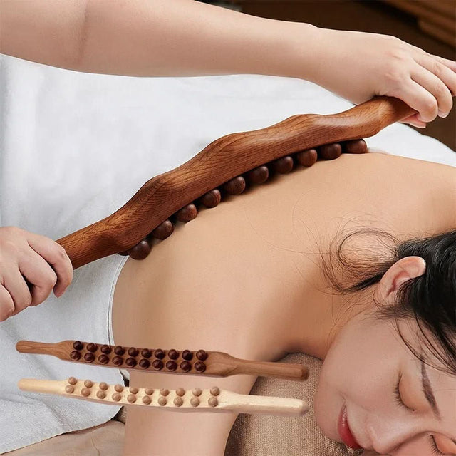 Wooden Gua Sha Massage Tool  Natural Therapy Stick With Rolling Beads - Product showcase