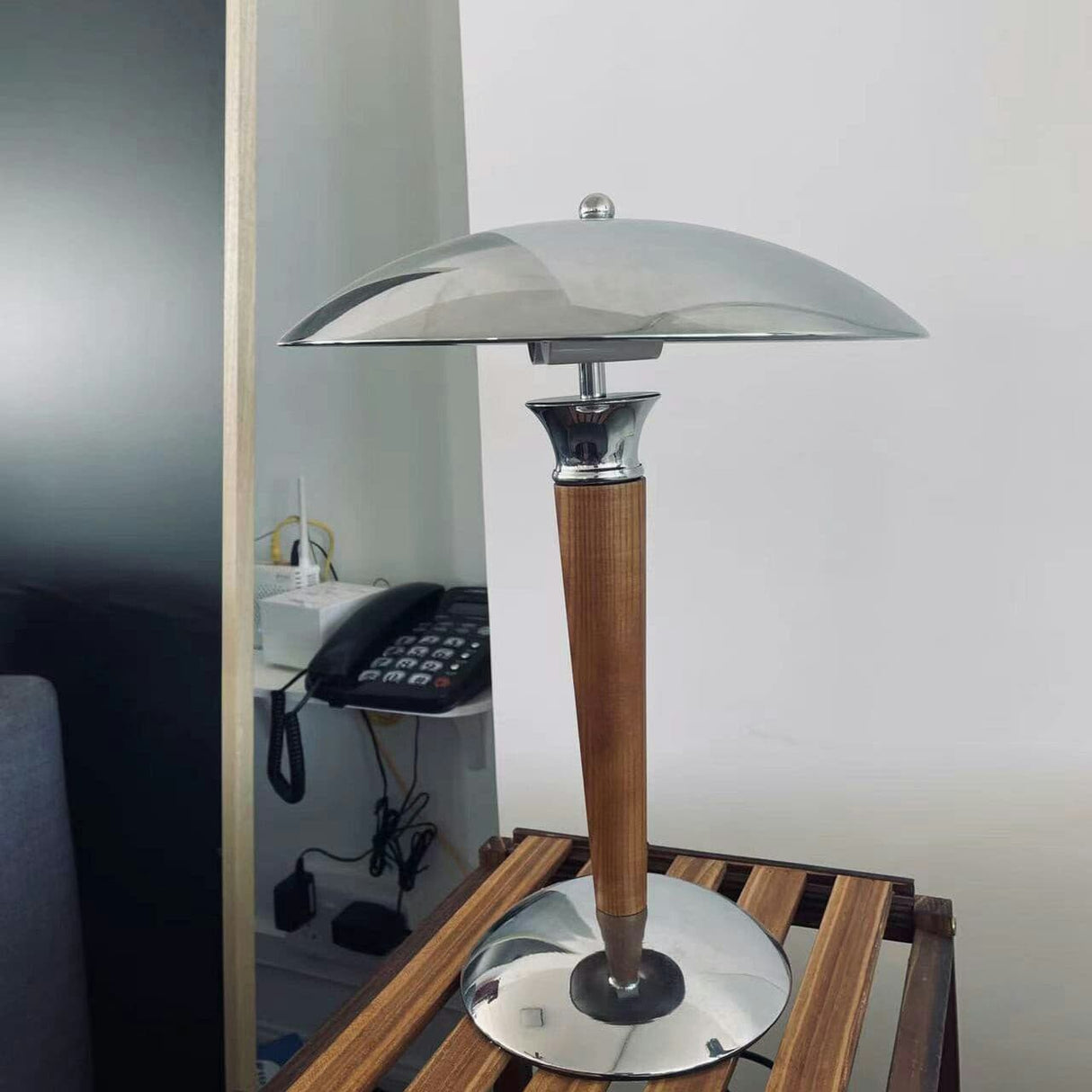 Modern Table Lamp  Chrome Shade Wood Stem Design - Product detail 13