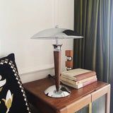 Modern Table Lamp  Chrome Shade Wood Stem Design - Detailed view