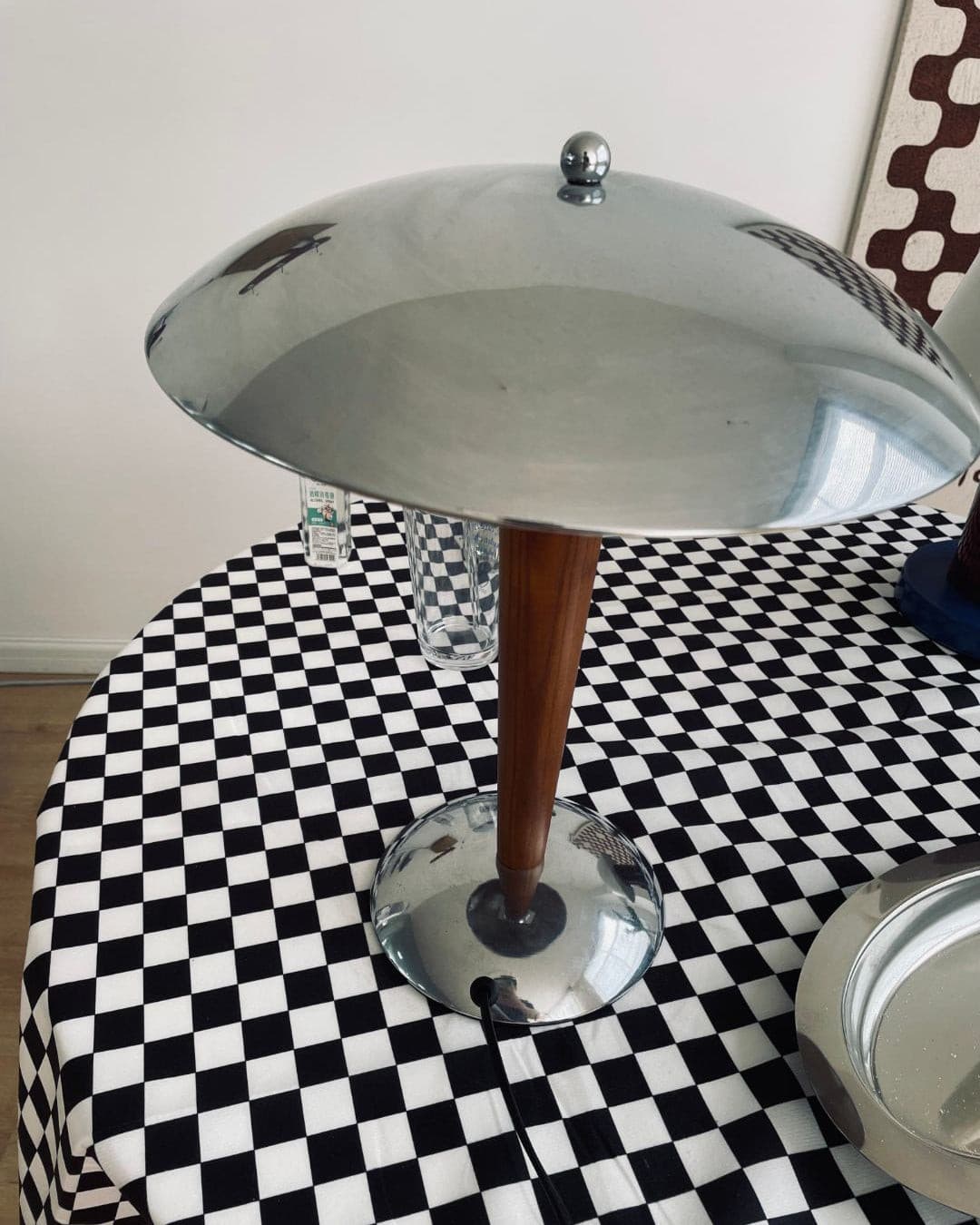 Modern Table Lamp  Chrome Shade Wood Stem Design - Product detail 4