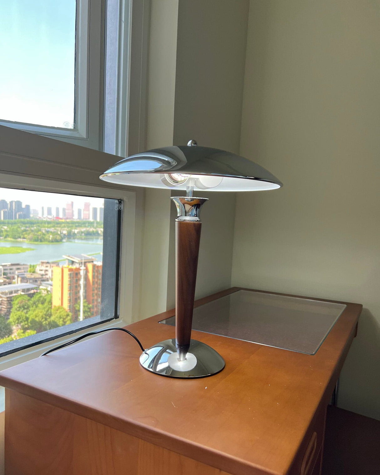 Modern Table Lamp  Chrome Shade Wood Stem Design - Product detail 44