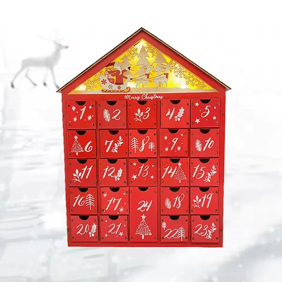 Wooden Advent Calendar  Red House Design with LED Lights - Product example