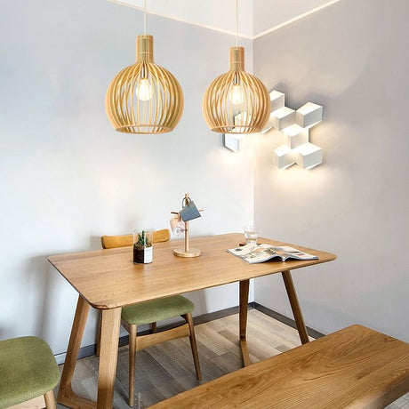 Wooden Pendant Light  Natural Wood Cage Design - Product showcase