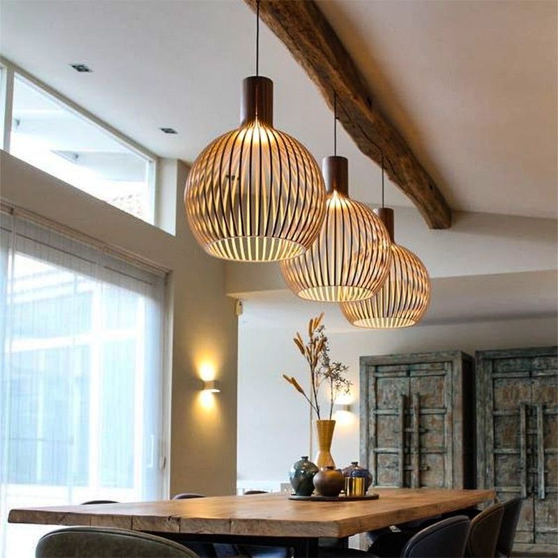 Wooden Pendant Light  Ribbed Globe Cage Design - Detailed view