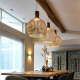 Wooden Pendant Light  Ribbed Globe Cage Design - Detailed view