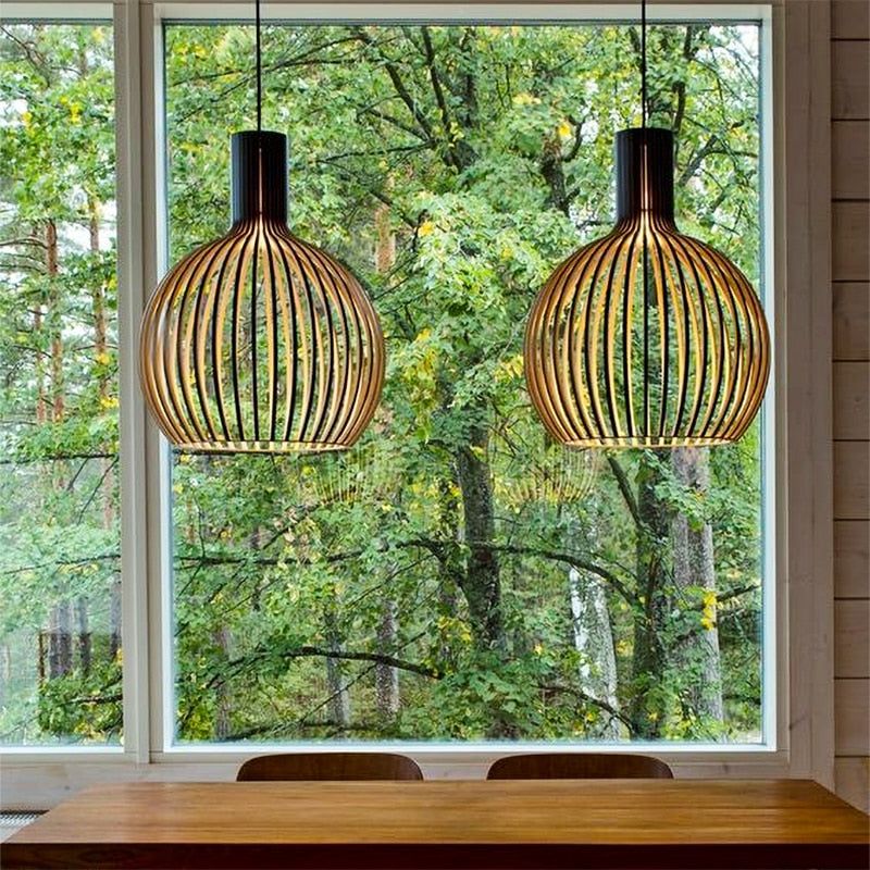 Wooden Pendant Light  Ribbed Globe Cage Design - Product example