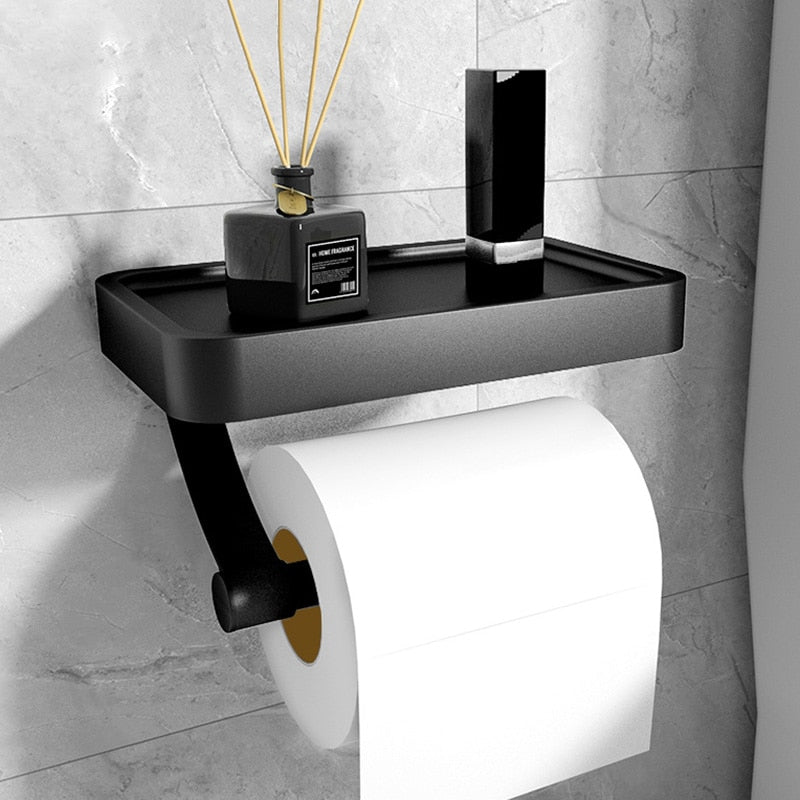 Modern Toilet Paper Holder  Aluminum Wall Mount With Storage Shelf - Product showcase