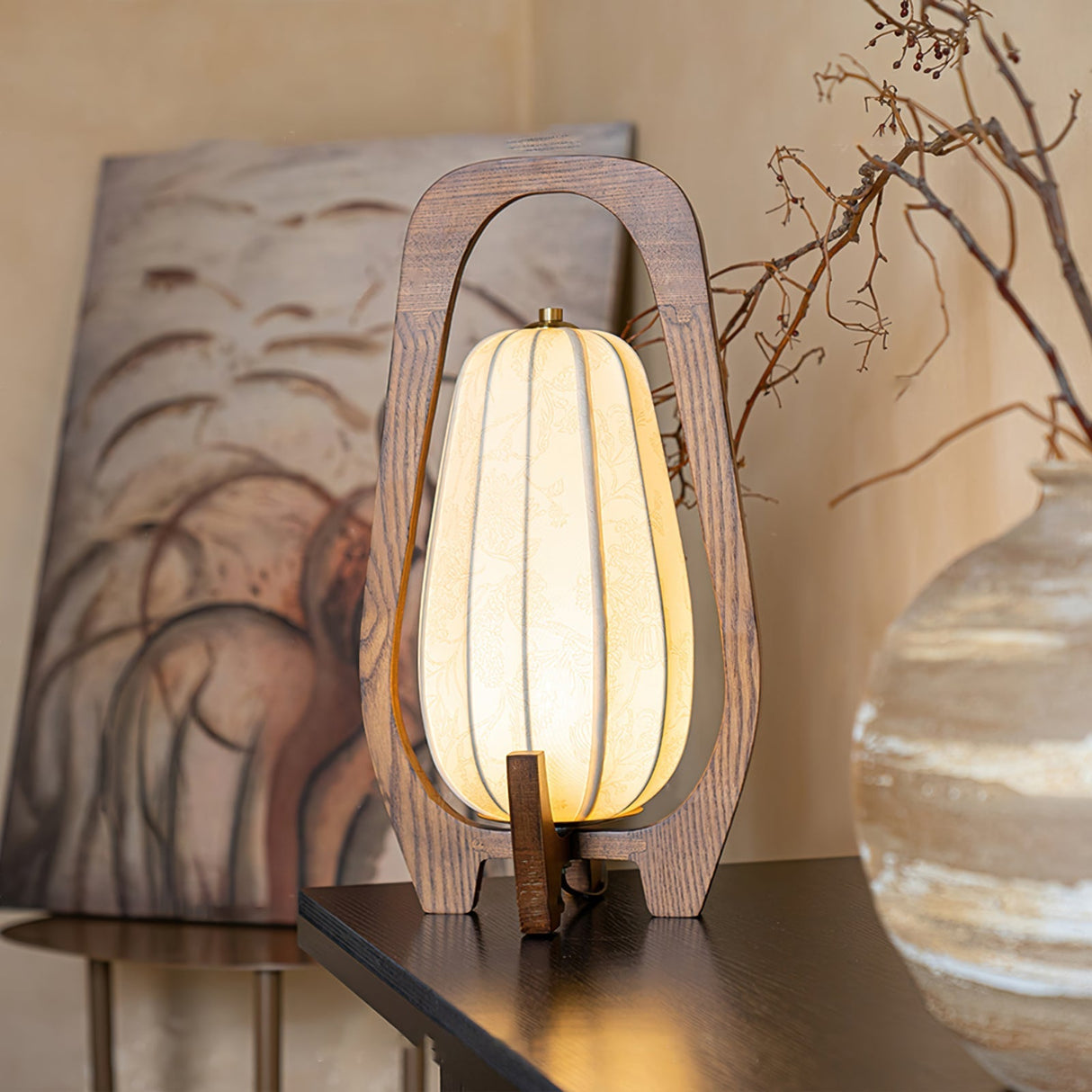 Japanese Table Lamp  Natural Wood Frame With Fabric Shade - Product example