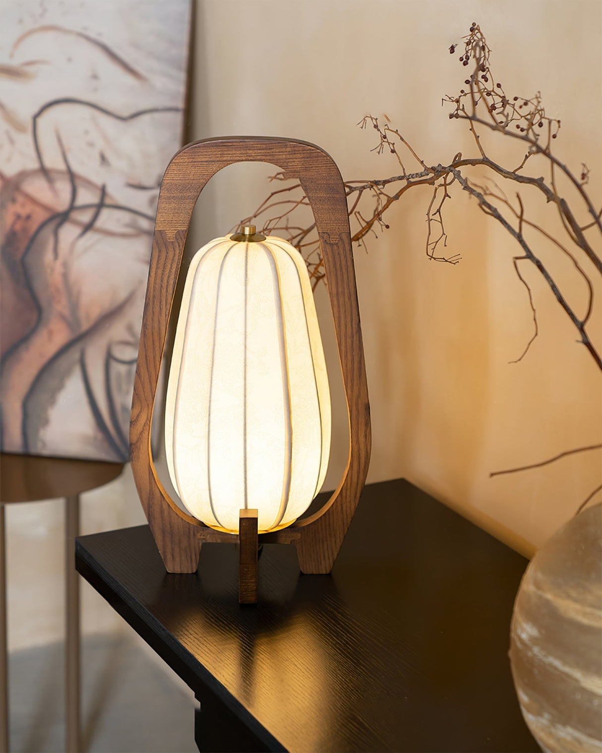 Japanese Table Lamp  Natural Wood Frame With Fabric Shade - Product detail 5