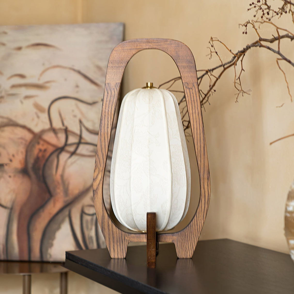 Japanese Table Lamp  Natural Wood Frame With Fabric Shade - Product detail 8