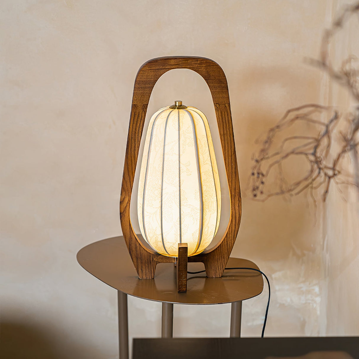 Japanese Table Lamp  Natural Wood Frame With Fabric Shade - Detailed view