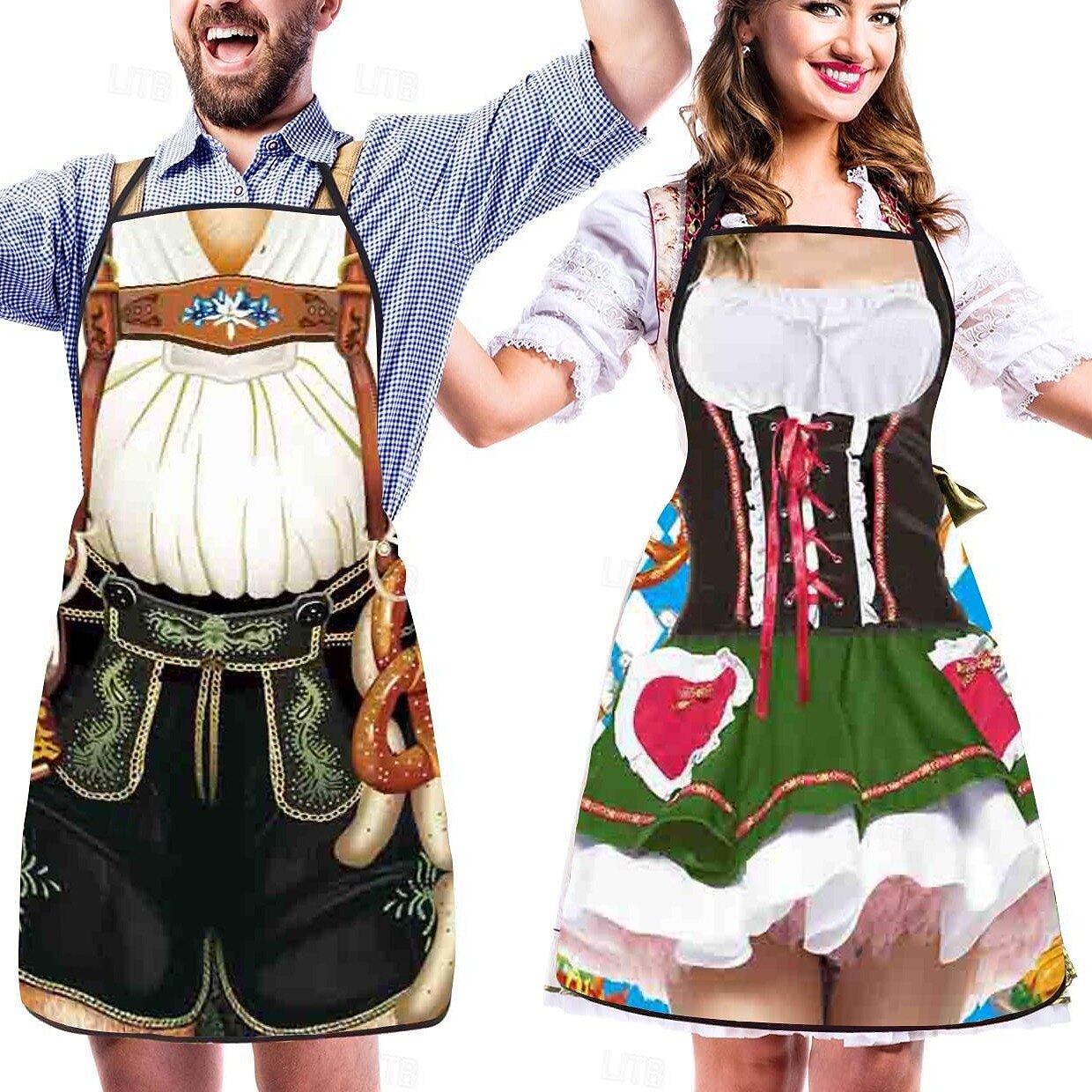 Oktoberfest Couple Aprons  Traditional Dirndl  Lederhosen Print - Product showcase