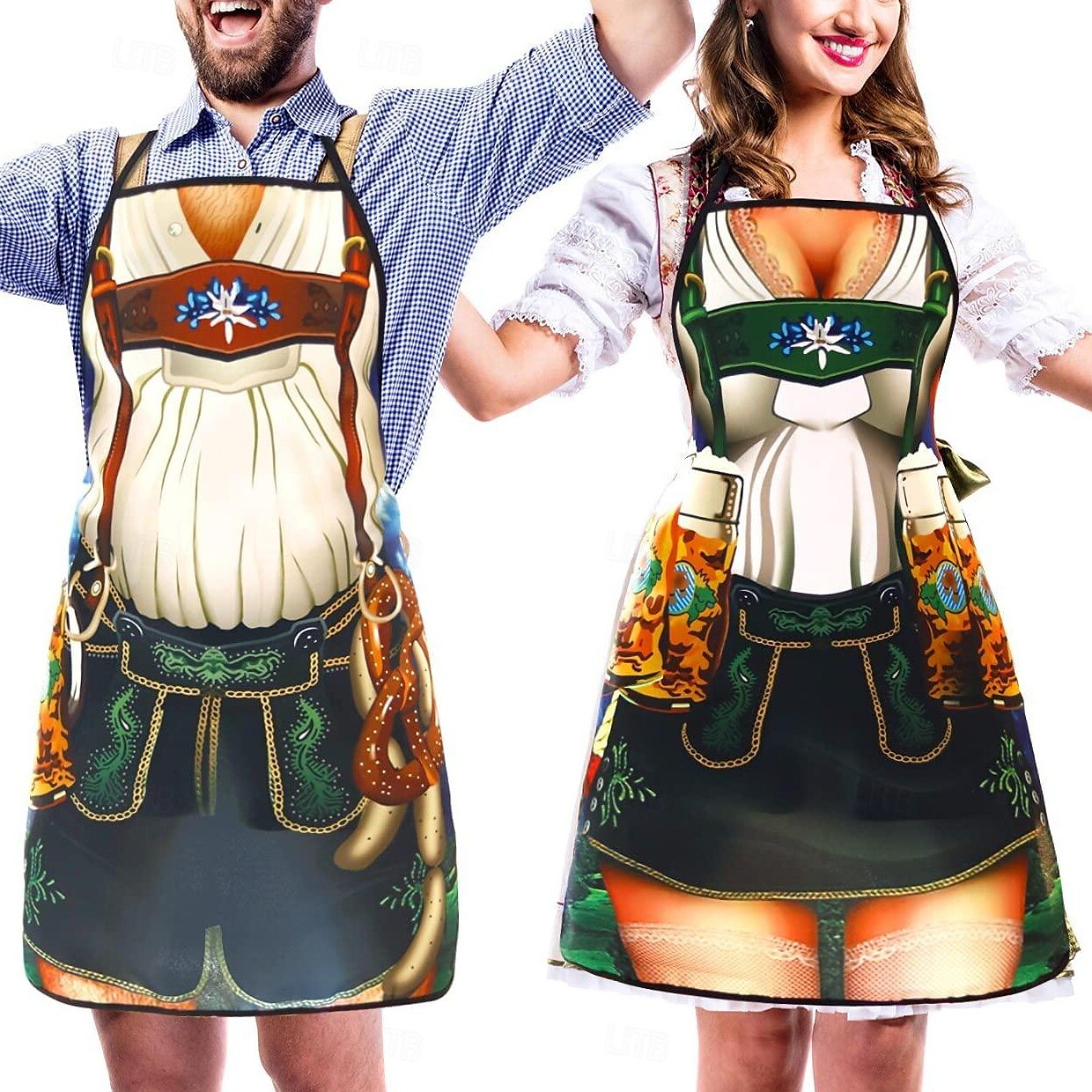 Oktoberfest Couple Aprons  Traditional Dirndl  Lederhosen Print - Product detail 4