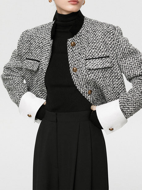 Tweed Boucle Crop Blazer  Black White Houndstooth Pattern - Product showcase