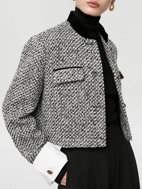 Tweed Boucle Crop Blazer  Black White Houndstooth Pattern - Product detail 4