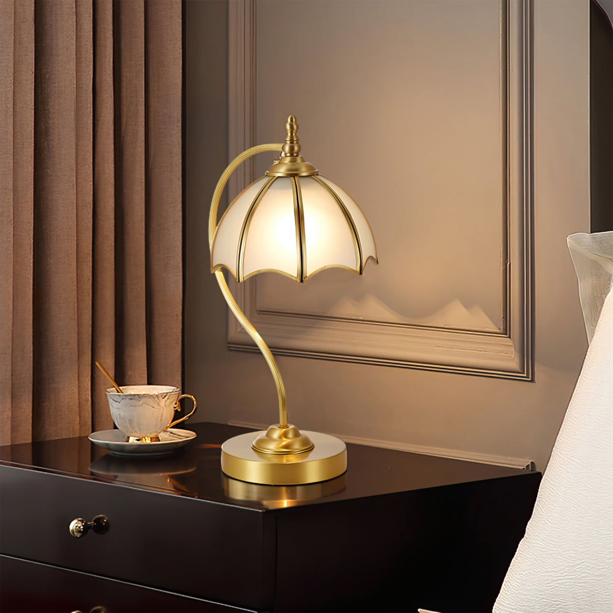 Vintage Table Lamp  Brass Umbrella Glass Shade - Product example