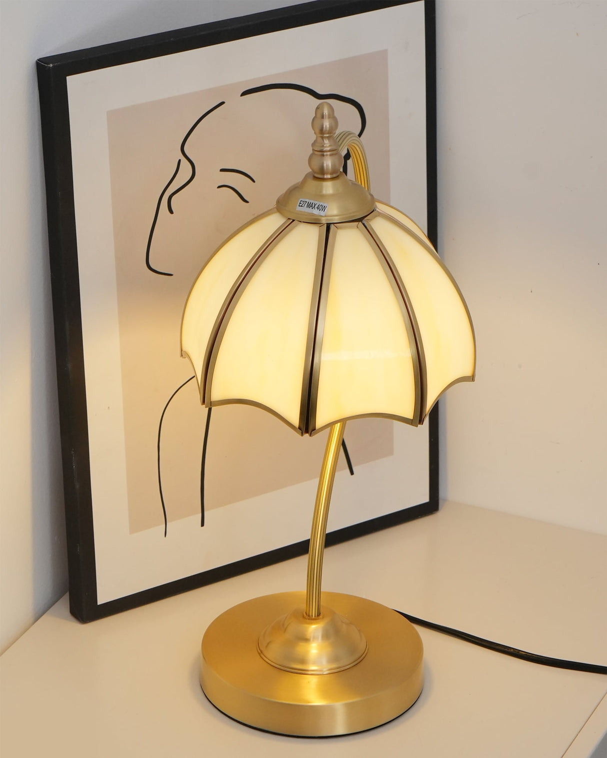 Vintage Table Lamp  Brass Umbrella Glass Shade - Product detail 14