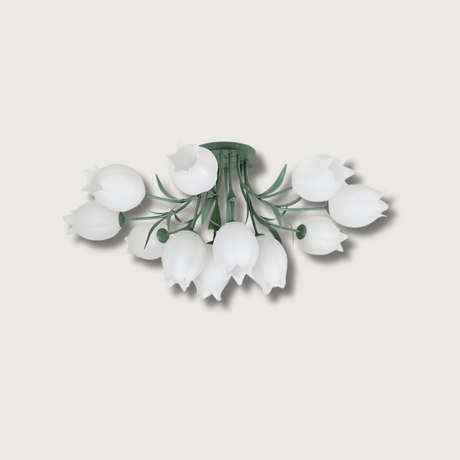Floral Ceiling Light  White Tulip Glass Shades With Green Metal Base - Product showcase