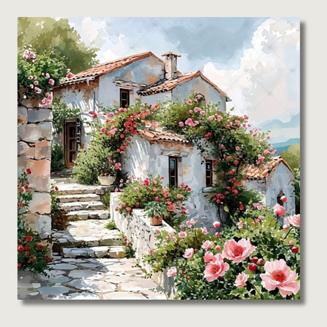 Mediterranean Landscape Canvas  Pink Rose Garden Path - Product showcase