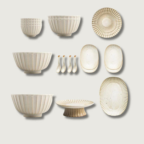 Stoneware Dinner Set  Fluted Design with Complete Place Settings - Product showcase