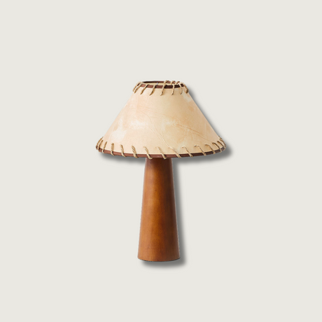 Mid-Century Table Lamp  Solid Wood Base With Stitched Shade - Product showcase