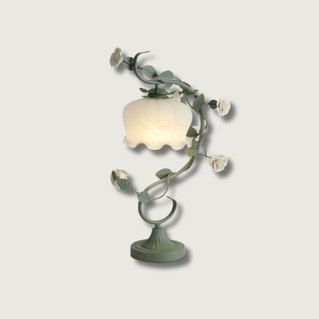Floral Table Lamp  Curved Green Metal Design With Glass Shade - Product showcase