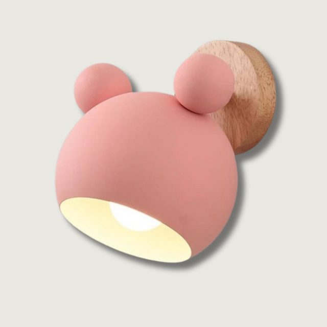 Kids Wall Light  Pink Mouse Design With Wood Mount - Product showcase