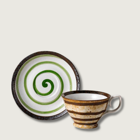 Artisan Matcha Tea Set  Spiral Pattern Stoneware Cup  Saucer - Product showcase