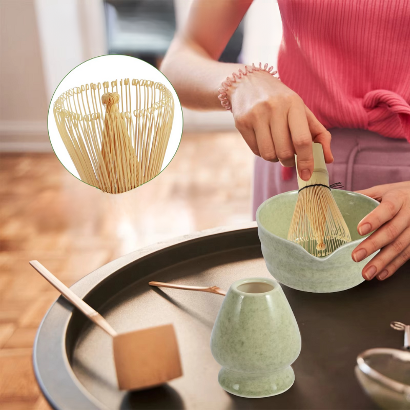Traditional Matcha Tea Set  Ceramic Bowl With Bamboo Tools - Detailed view