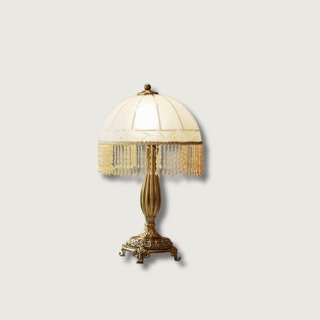 Victorian Table Lamp  Brass Base with Beaded Fringe Shade - Product showcase