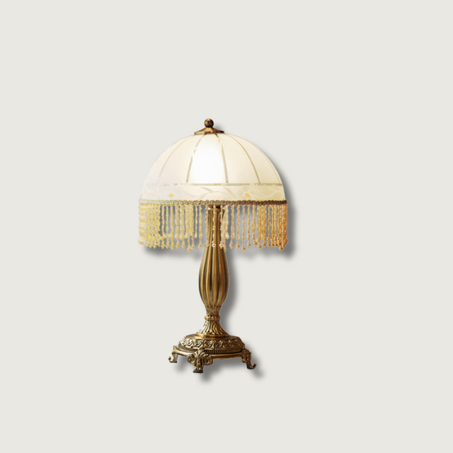 Victorian Table Lamp  Brass Base with Beaded Fringe Shade - Product showcase