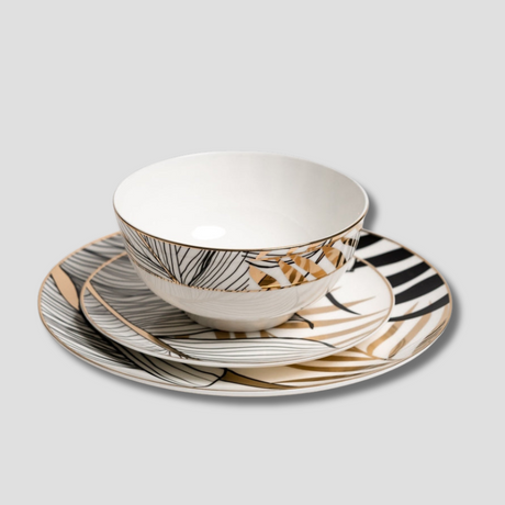 Modern Dinnerware Set  Abstract Botanical Pattern With Gold Accents - Product showcase