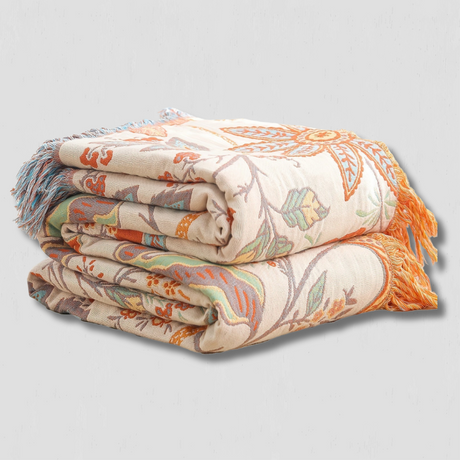 Floral Cotton Throw Blanket  Embroidered Tassel Design - Product showcase