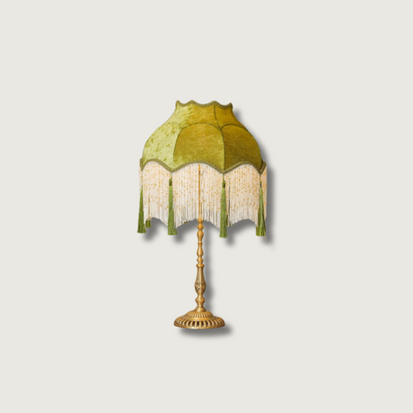 Vintage Table Lamp  Green Fabric Shade With Fringes - Product showcase