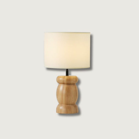 Natural Wood Table Lamp  Stone-Shaped Base with Fabric Shade - Product showcase