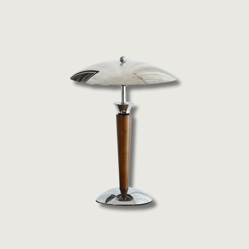 Modern Table Lamp  Chrome Shade Wood Stem Design - Product showcase