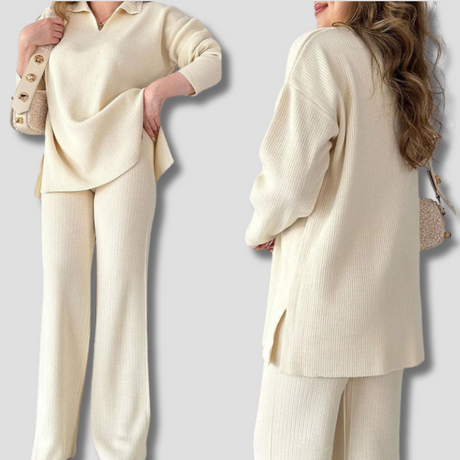 Ribbed Loungewear Set  Wide Leg V-Neck Two-Piece - Product showcase