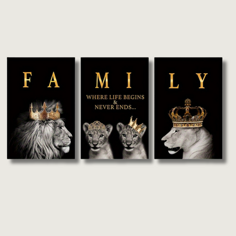Lion Family Canvas Art  Black and Gold Crown Design - Product showcase