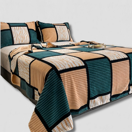 Geometric Flannel Blanket  Teal Beige Checkered Pattern - Product showcase