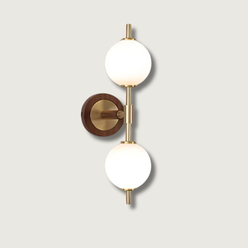 Modern Dual Globe Wall Light  Brass Wood Accent Design - Product showcase