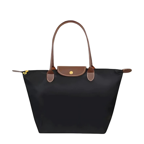 Classic Nylon Tote Bag  Brown Leather Trim With Gold Hardware - Product showcase