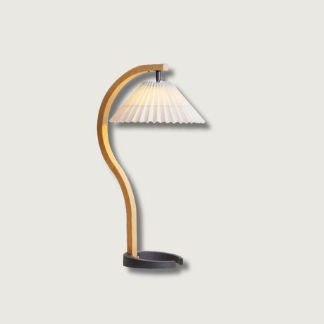 Scandinavian Table Lamp  Curved Wood  Pleated Shade - Product showcase
