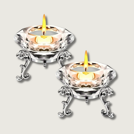 Crystal Tealight Holders  Elegant Glass With Scrolled Silver Stand - Product showcase